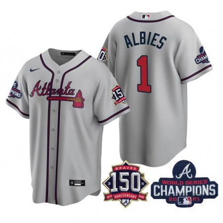 Women's Atlanta Braves #1 Ozzie Albies 2021 Grey World Series Champions With 150th Anniversary Patch Cool Base Stitched Jersey(Run Small)