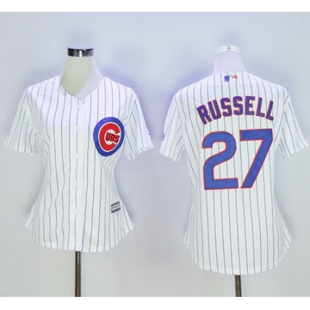 Cubs #27 Addison Russell White(Blue Strip) Women's Home Stitched MLB Jersey