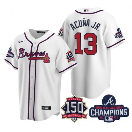 Women's Atlanta Braves #13 Ronald Acuna Jr 2021 White World Series Champions With 150th Anniversary Patch Cool Base Stitched Jersey(Run Small)