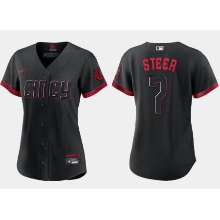 Women's Cincinnati Reds #7 Spencer Steer Black 2023 City Connect Stitched Baseball Jersey(Run Small)