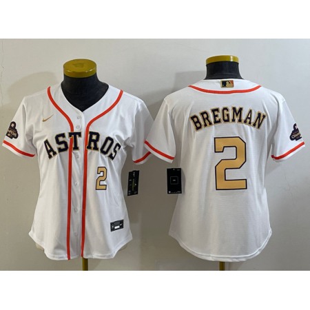 Women's Houston Astros #2 Alex Bregman White 2023 Gold Collection With World Serise Champions Patch Stitched Jersey(Run Small)