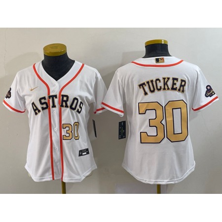 Women's Houston Astros #30 Kyle Tucker White 2023 Gold Collection With World Serise Champions Patch Stitched Jersey(Run Small)