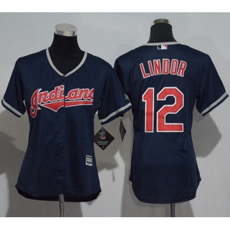 indians #12 Francisco Lindor Navy Blue Women's Alternate Stitched MLB Jersey