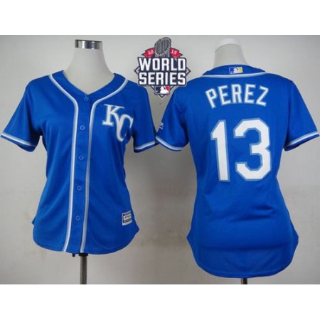 Royals #13 Salvador Perez Blue Alternate 2 W/2015 World Series Patch Women's Stitched MLB Jersey