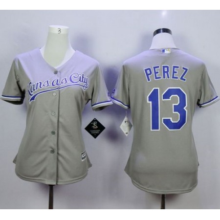 Royals #13 Salvador Perez Grey Road Women's Stitched MLB Jersey