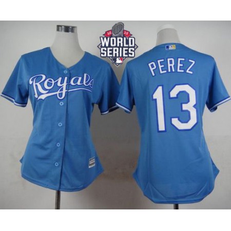Royals #13 Salvador Perez Light Blue Alternate 1 W/2015 World Series Patch Women's Stitched MLB Jersey