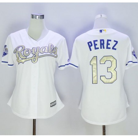 Royals #13 Salvador Perez White 2015 World Series Champions Gold Program Cool Base Women's Stitched MLB Jersey