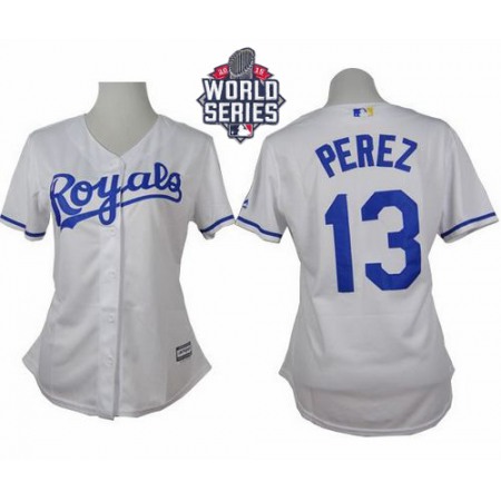 Royals #13 Salvador Perez White Home W/2015 World Series Patch Women's Stitched MLB Jersey