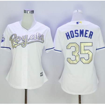 Royals #35 Eric Hosmer White 2015 World Series Champions Gold Program Cool Base Women's Stitched MLB Jersey