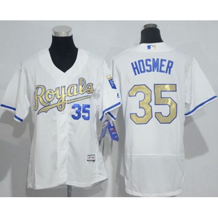 Royals #35 Eric Hosmer White Flexbase Authentic 2015 World Series Champions Gold Program Cool Base Women's Stitched MLB Jersey