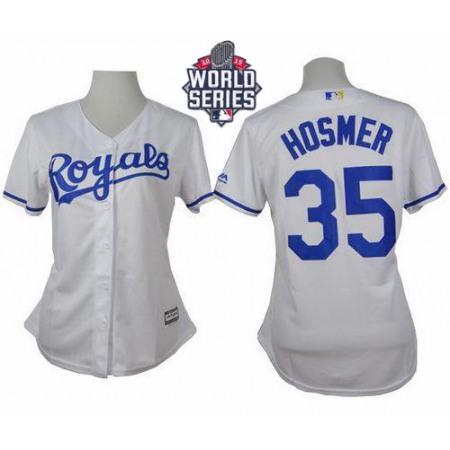 Royals #35 Eric Hosmer White Home W/2015 World Series Patch Women's Stitched MLB Jersey