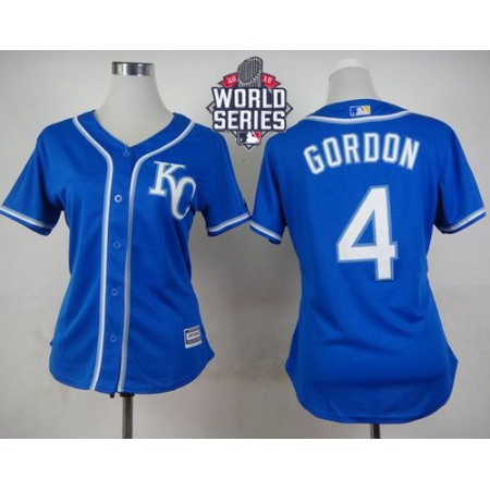 Royals #4 Alex Gordon Blue Alternate 2 W/2015 World Series Patch Women's Stitched MLB Jersey