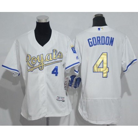 Royals #4 Alex Gordon White Flexbase Authentic 2015 World Series Champions Gold Program Cool Base Women's Stitched MLB Jersey