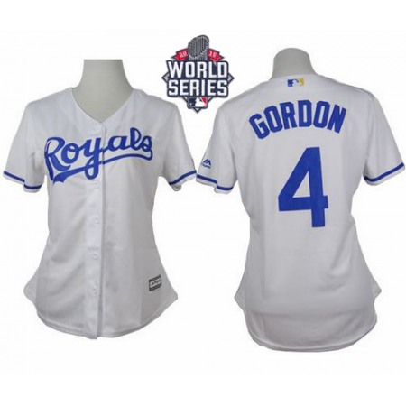 Royals #4 Alex Gordon White Home W/2015 World Series Patch Women's Stitched MLB Jersey