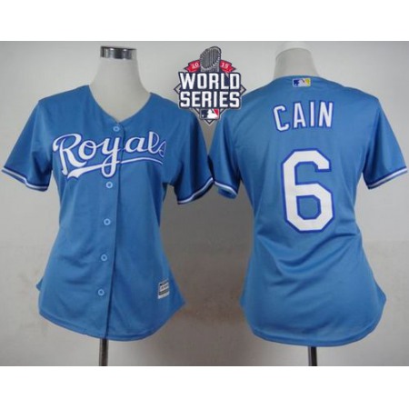 Royals #6 Lorenzo Cain Light Blue Alternate 1 W/2015 World Series Patch Women's Stitched MLB Jersey