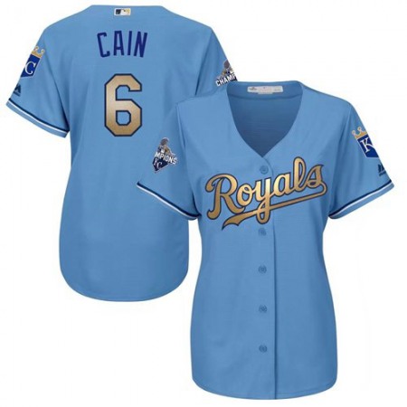 Royals #6 Lorenzo Cain Light Blue Women's 2015 World Series Champions Gold Program Cool Base Stitched MLB Jersey