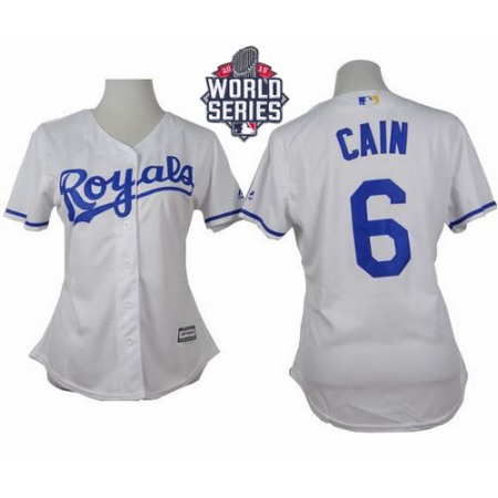 Royals #6 Lorenzo Cain White Home W/2015 World Series Patch Women's Stitched MLB Jersey