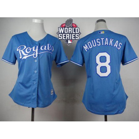 Royals #8 Mike Moustakas Light Blue Alternate 1 W/2015 World Series Patch Women's Stitched MLB Jersey