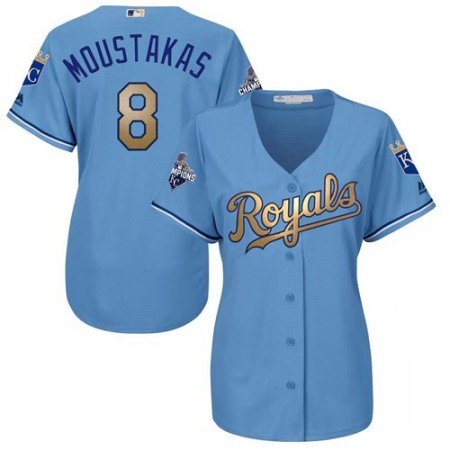 Royals #8 Mike Moustakas Light Blue Women's 2015 World Series Champions Gold Program Cool Base Stitched MLB Jersey