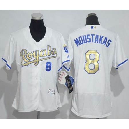 Royals #8 Mike Moustakas White Flexbase Authentic 2015 World Series Champions Gold Program Cool Base Women's Stitched MLB Jersey