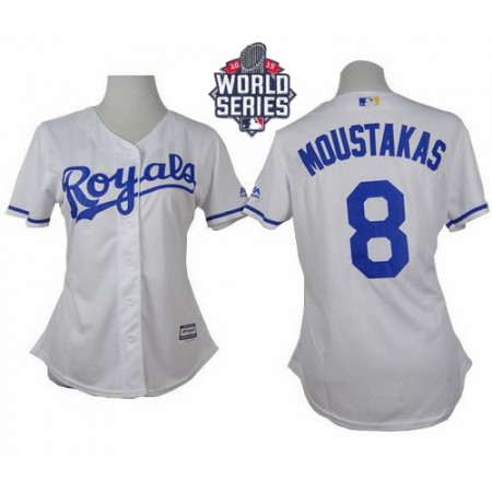 Royals #8 Mike Moustakas White Home W/2015 World Series Patch Women's Stitched MLB Jersey