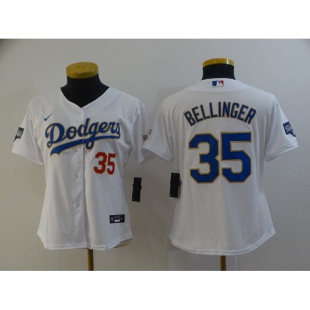 Women's Los Angeles Dodgers #35 Cody Bellinger White Gold Championship Cool Base Stitched Jersey(Run Small)