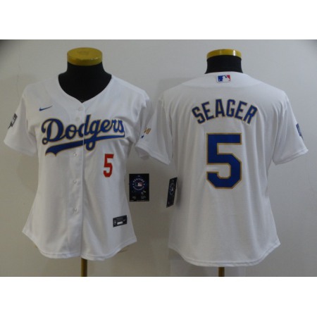 Women's Los Angeles Dodgers #5 Corey Seager White Gold Championship Cool Base Stitched Jersey(Run Small)