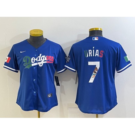 Women's Los Angeles Dodgers #7 Julio Urias Royal Mexico Cool Base Stitched Jersey(Run Small)