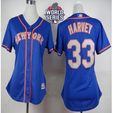 Mets #33 Matt Harvey Blue(Grey NO.) Alternate Road W/2015 World Series Patch Women's Stitched MLB Jersey