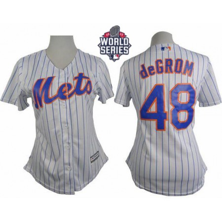 Mets #48 Jacob deGrom White(Blue Strip) W/2015 World Series Patch Women's Home Stitched MLB Jersey