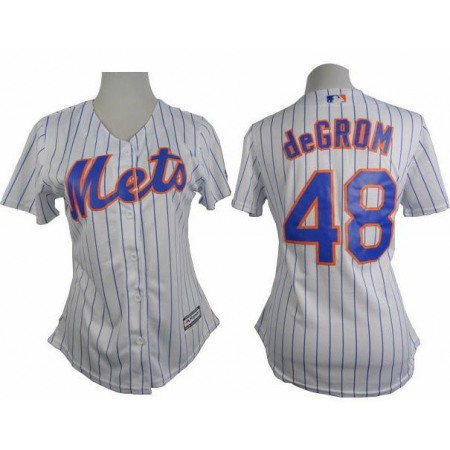 Mets #48 Jacob deGrom White(Blue Strip) Women's Home Stitched MLB Jersey