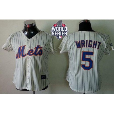 Mets #5 David Wright Cream(Blue Strip) W/2015 World Series Patch Women's Fashion Stitched MLB Jersey
