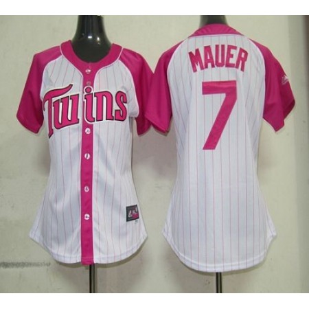 Twins #7 Joe Mauer White/Pink Women's Splash Fashion Stitched MLB Jersey