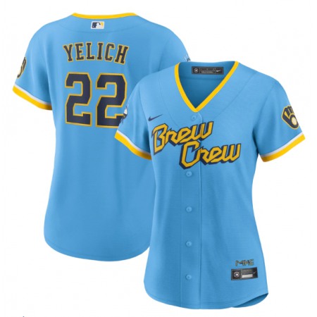 Women's Milwaukee Brewers #22 Christian Yelich 2022 Powder Blue City Connect Cool Base Stitched Jersey(Run Small)
