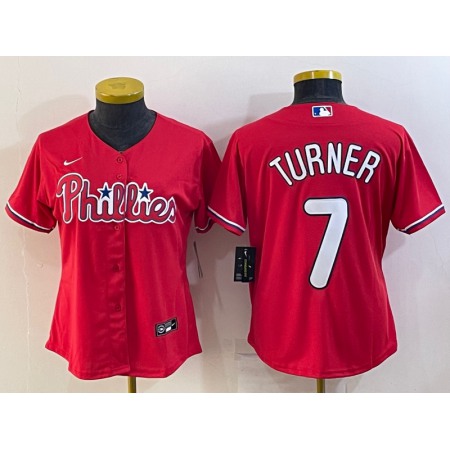 Women's Philadelphia Phillies #7 Trea Turner Red Cool Base Stitched Baseball Jersey(Run Small)