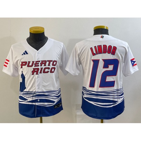 Women's Puerto Rico Baseball #12 Francisco Lindor 2023 White World Baseball Classic Stitched Jersey(Run Small)