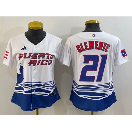 Women's Puerto Rico Baseball #21 Roberto Clemente 2023 White World Baseball Classic Stitched Jersey(Run Small)