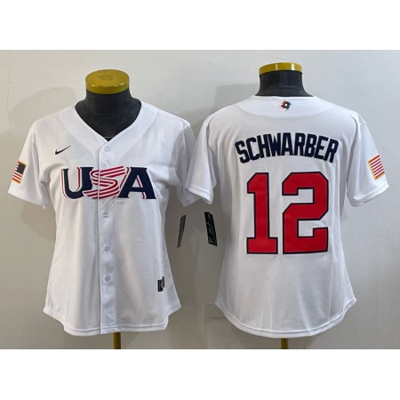 Women's USA Baseball #12 Kyle Schwarber 2023 White World Baseball Classic Stitched Jersey(Run Small)