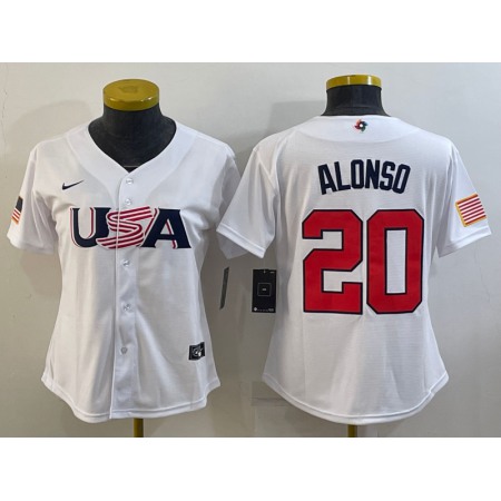 Women's USA Baseball #20 Pete Alonso 2023 White World Baseball Classic Stitched Jersey(Run Small)