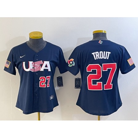 Women's USA Baseball #27 Mike Trout 2023 Navy World Baseball Classic With Patch Stitched Jersey(Run Small)