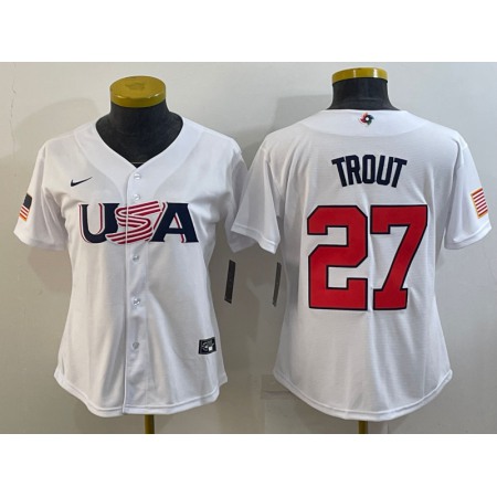 Women's USA Baseball #27 Mike Trout 2023 White World Baseball Classic Stitched Jersey(Run Small)