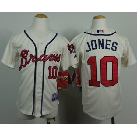 Braves #10 Chipper Jones Cream Cool Base Stitched Youth MLB Jersey