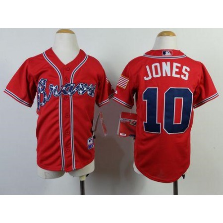 Braves #10 Chipper Jones Red Cool Base Stitched Youth MLB Jersey