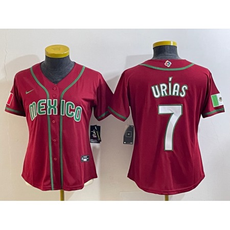 Women's Mexico Baseball #7 Julio Urias 2023 Red World Baseball Classic Stitched Jersey(Run Small)