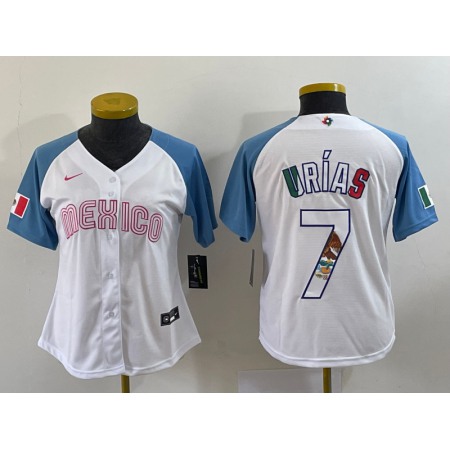 Women's Mexico Baseball #7 Julio Urias 2023 White Blue World Baseball Classic Stitched Jersey(Run Small)