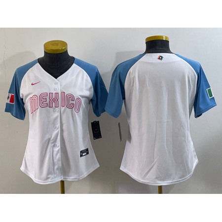 Women's Mexico Baseball Blank 2023 White Blue World Baseball Classic Stitched Jersey(Run Small)