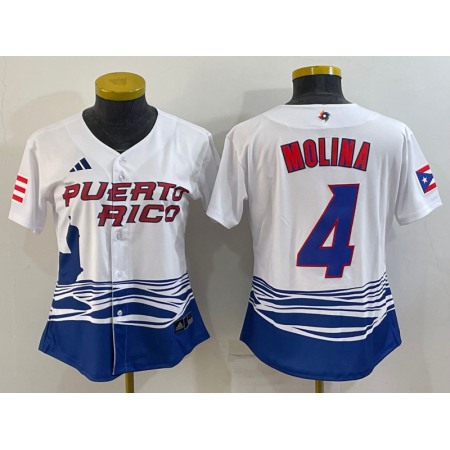 Women's Puerto Rico Baseball #4 Yadier Molina 2023 White World Baseball Classic Stitched Jersey(Run Small)