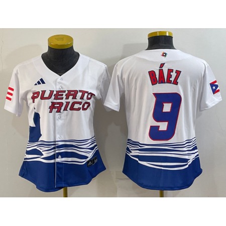 Women's Puerto Rico Baseball #9 Javier Baez 2023 White World Baseball Classic Stitched Jersey(Run Small)