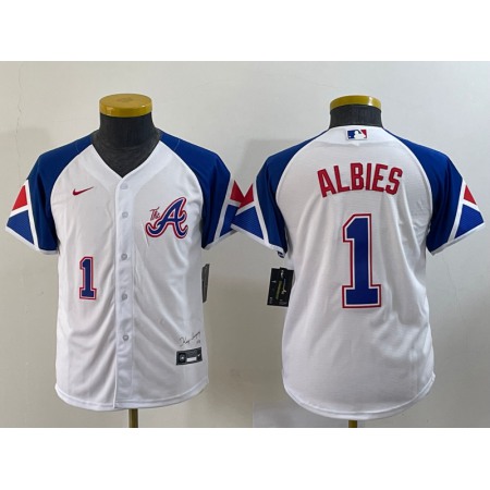 Youth Atlanta Braves #1 Ozzie Albies White 2023 City Connect With Patch Stitched Baseball Jersey