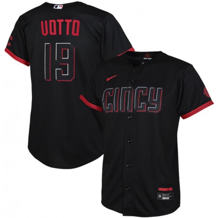 Youth Cincinnati Reds #19 Joey Votto Black 2023 City Connect Stitched Baseball Jersey